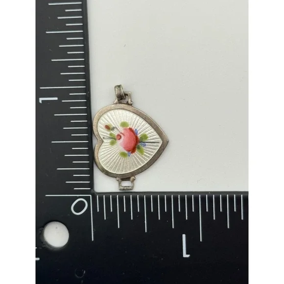 Vintage Sterling Silver Enamel Rose Flower Heart Link Piece For Parts Repair - Picture 2 of 7